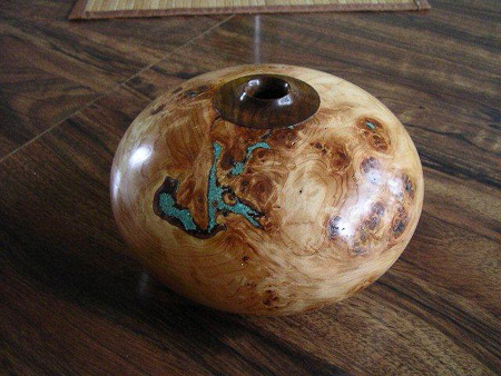 red cedar and walnut collar with turquoise inlay